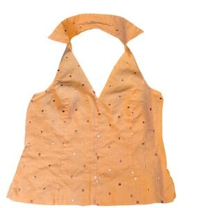 Vintage Edward 100% Irish Linen Halter Neck Shirt Orange Embroidered Dots L